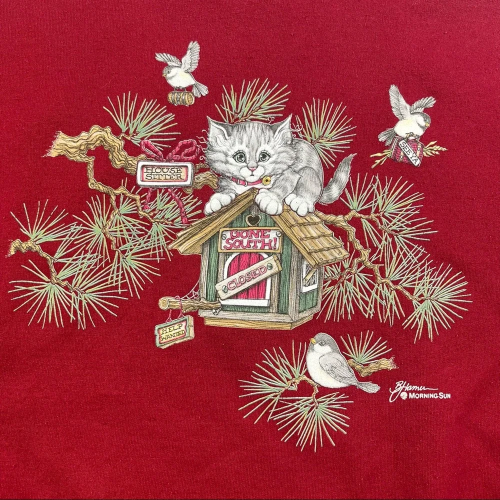 Vintage Cat Sweatshirt size Large Birds Nature Red Pullover - Picture 3 of 10